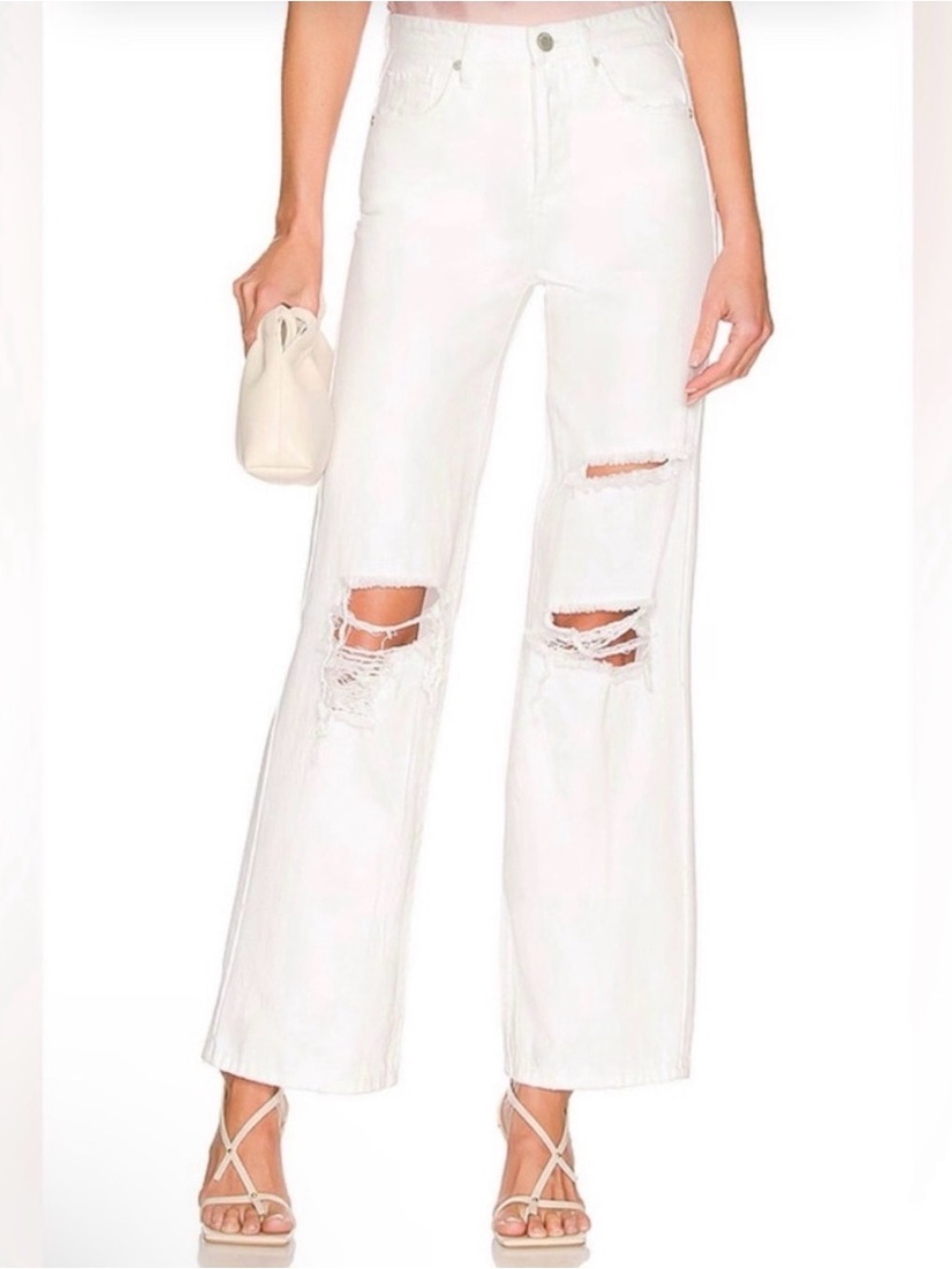 BlankNYC Franklin Rib-Cage High-Rise Distressed Wide-Leg Jeans - White - size 29